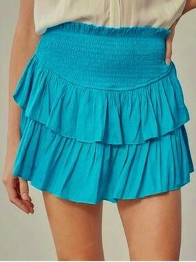 Mustard Seed Pull On High Waisted Smocked Tiered Ruffle Mini Skort Green Small